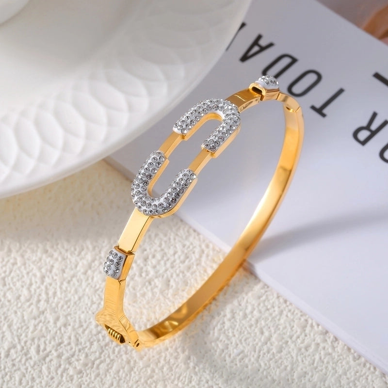 Casual Minimalist Round Lines 304 Stainless Steel 18K Gold Plated Rhinestones Bangle In Bulk