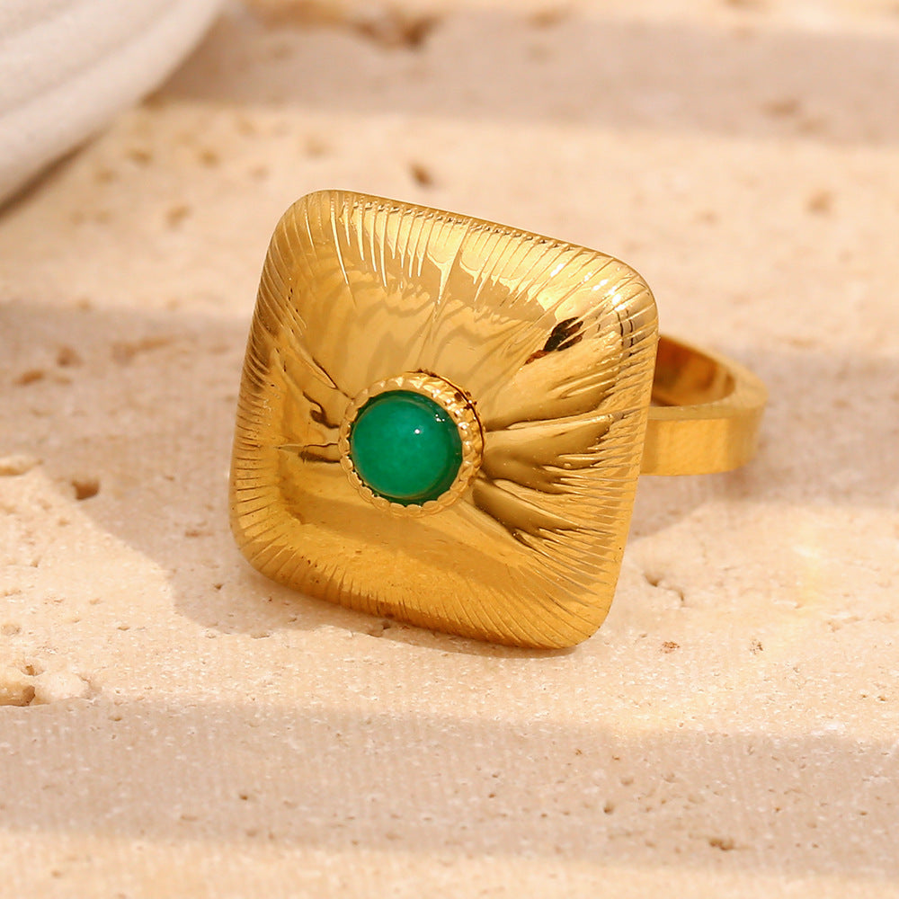 Personalized Geometric Retro Hand-Made Stainless Steel 18K Gold-Plated Square Emerald Open Ring