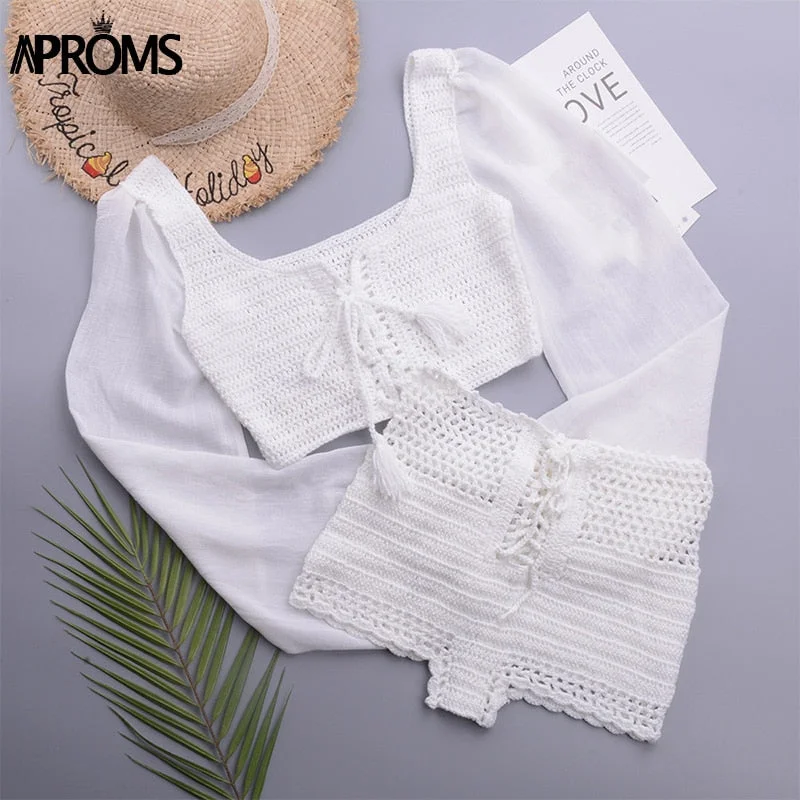 Aproms White Cotton Crochet Crop Top and Shorts Women Casual 2 Pieces Set Summer Low Waist Beach Bikini Coverup Female Beachwear