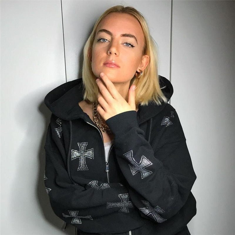 Y2K Fashion Rhinestone Hoodies Women Hip Hop Joggers Sweatshirt Korean Oversized Zipper Sport Coat Ladies Gothic Jacket Pullover