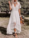 White Color Lace Split-Joint Short Sleeves Midi Dress