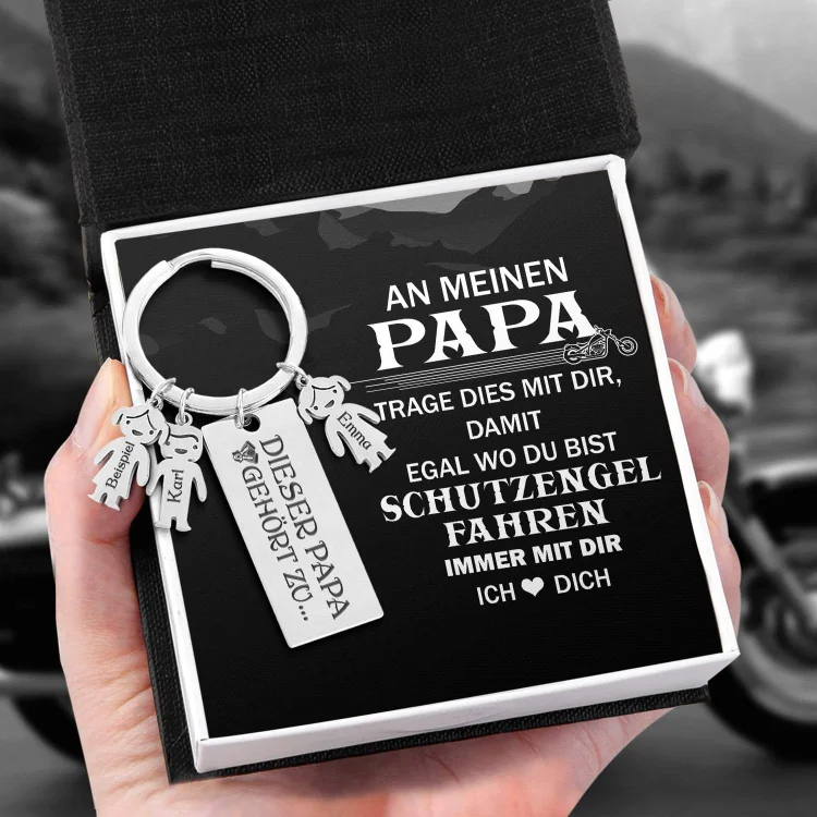 Kettenmachen Personalisierter 3 Kinder Namen Schlüsselanhänger - Motorradfahrer - An Meinen Papa - Geschenkkarte Set