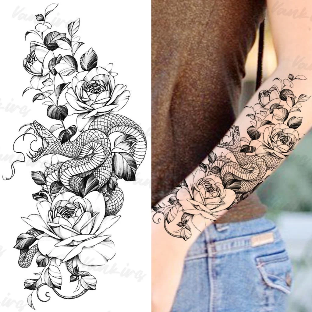 Sdrawing Peony Butterfly Temporary Butterfly Tattoos For Women Girls Realistic Snake Sun Fake Tattoo Sticker Leg Body Tatoos