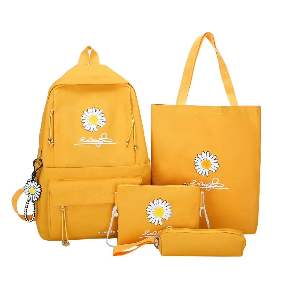 4pcs/Set Preppy Style Daisy Print Backpacks Canvas School Rucksack Teenager Girls Travel Mochila Shoulder Bags Students Clutches