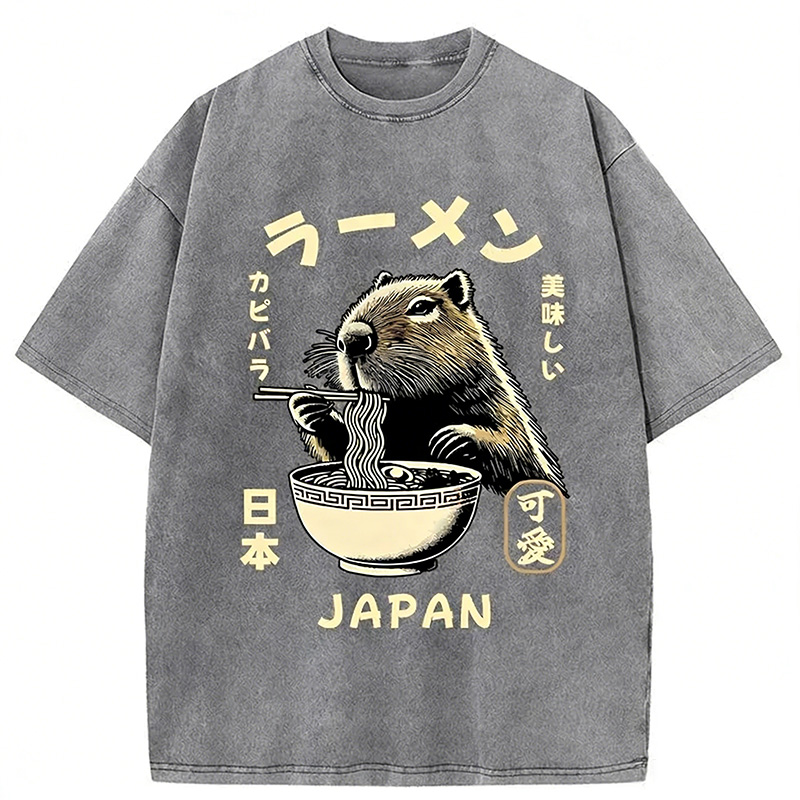 Retro Capybara Eating Ramen Japanese Washed T-shirt artswardrobe