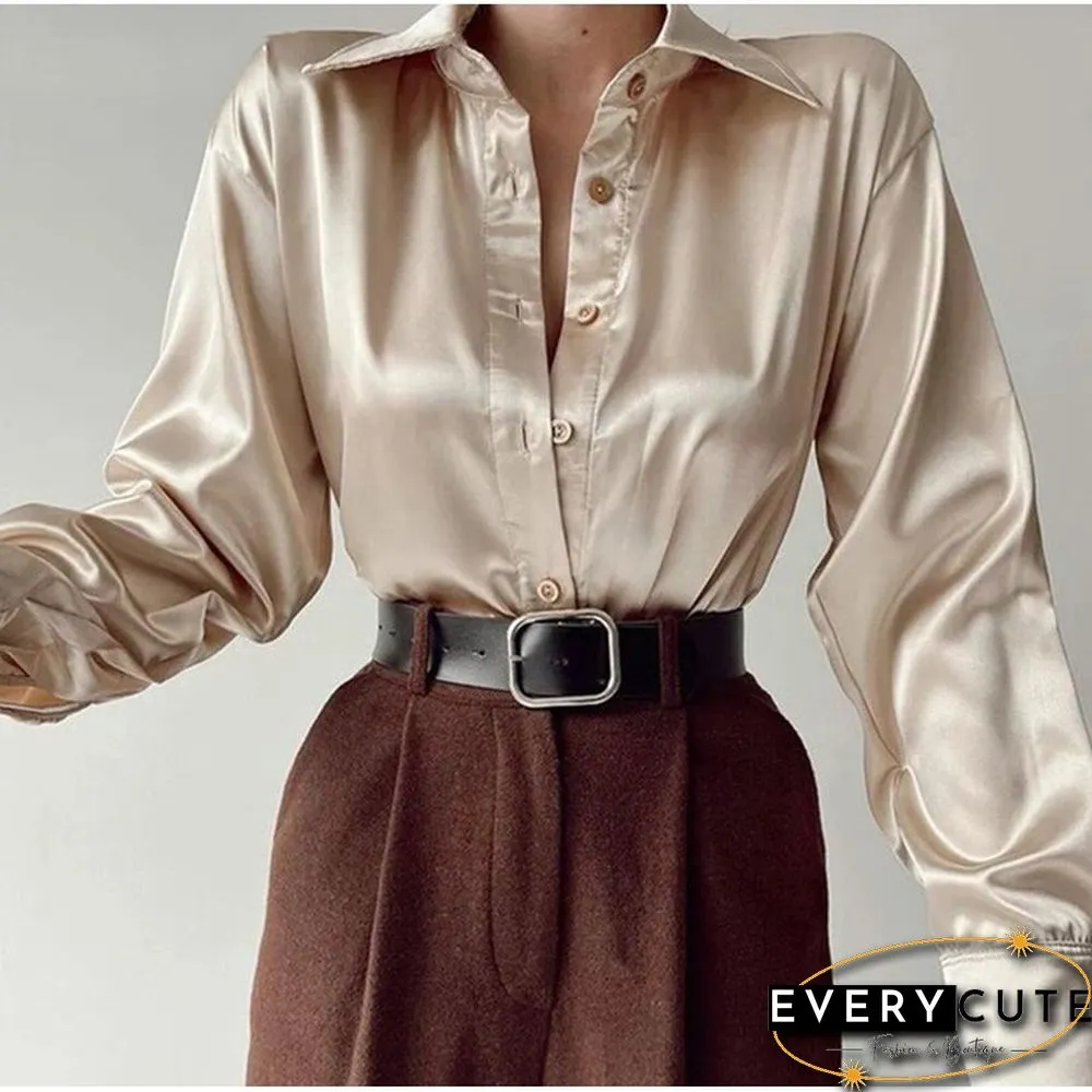 Women Elegant Satin Solid Long Sleeve Blouses Female Spring Vintage Loose Straight Buttons