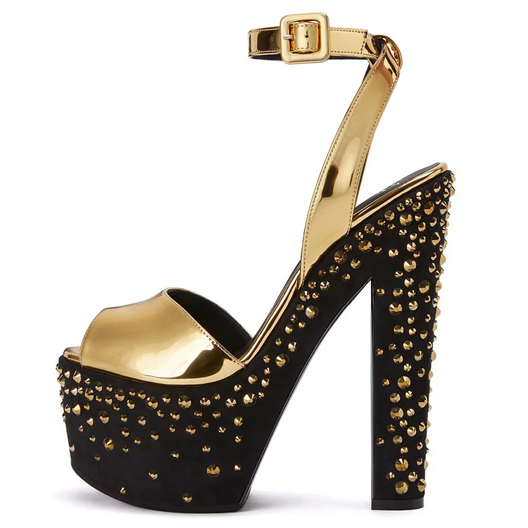 Black and Gold Pearls Ankle Strap Stiletto Platform Sandals Vdcoo