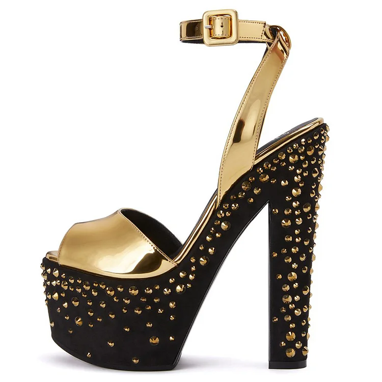 Black & Gold Chunky Heels Elegant Ankle Strap Pearls Shoe Peep Toe Platform Sandals |FSJ Shoes