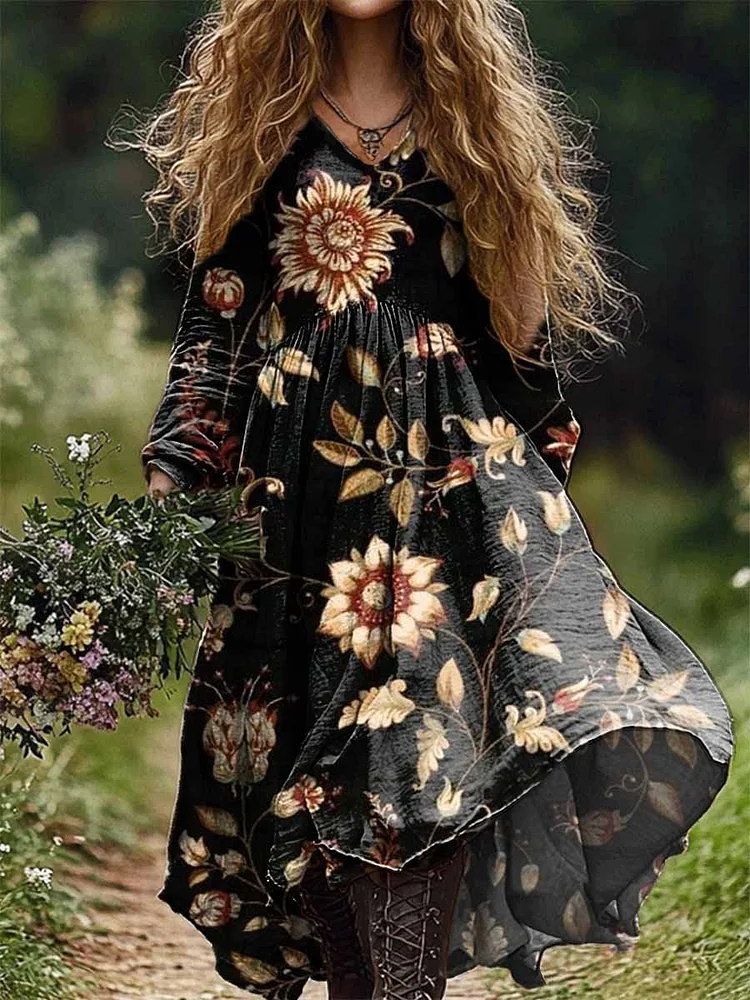 Women's Vintage Floral Print Casual V-Neck Pocket Cotton Dress