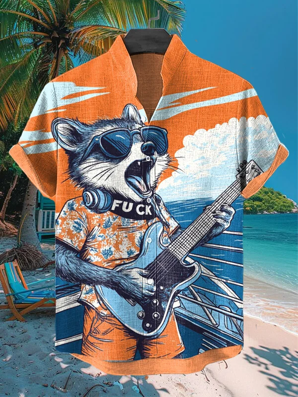 Men's Funny Raccoon Playing Music Art  Print Shirt
