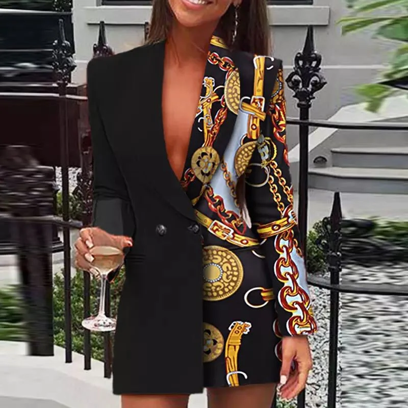 Uveng Uveng New Two-Color Splicing Print Small Suit Sexy Deep V Casual Banquet Party Skirt