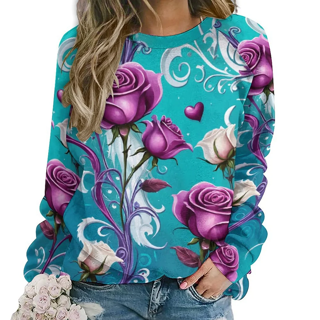 Printed Long Sleeve Casual Sweatshirt for  Women and Men Unisex Pattern Floral, Purple, Blue