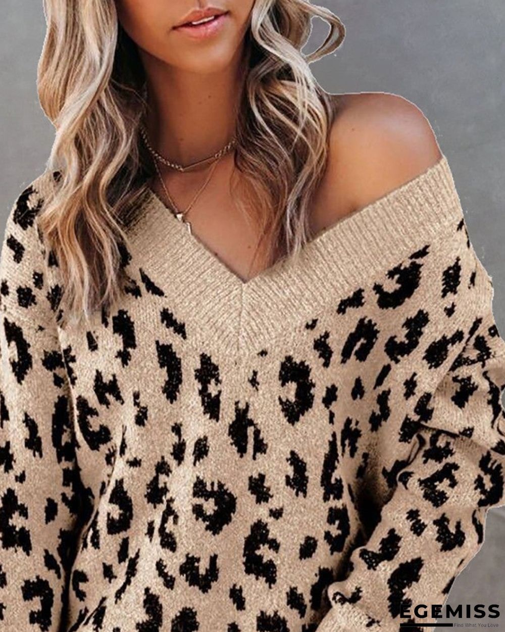 Cheetah Print Long Sleeve V-neck Sweater | EGEMISS