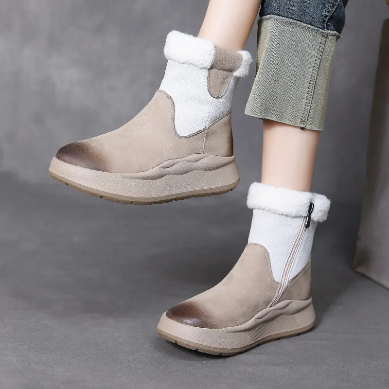 Yyvonne Velvet Snow Boots Winter Thick Cotton Boots Girl Retro Color Layer Kraft High Help Short Boots Plus Cotton