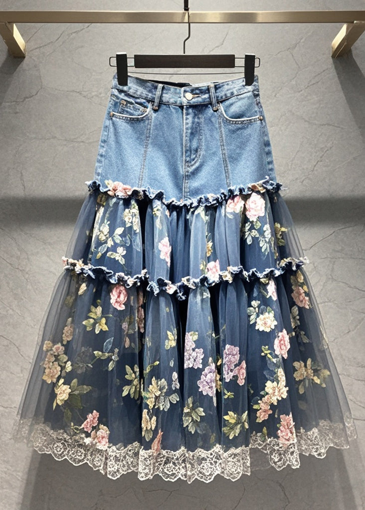 VCSHOES Ruffled Patchwork Print Tulle Denim Skirt Fall