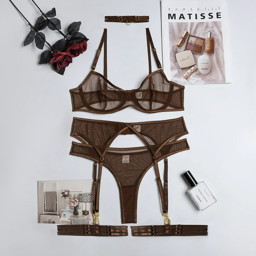 MIRABELLE Sensual Lingerie Set Woman 4 Pieces Sexy Erotic Underwear Bra Garters Brief Sets Transparent Lace Seamless Outfits