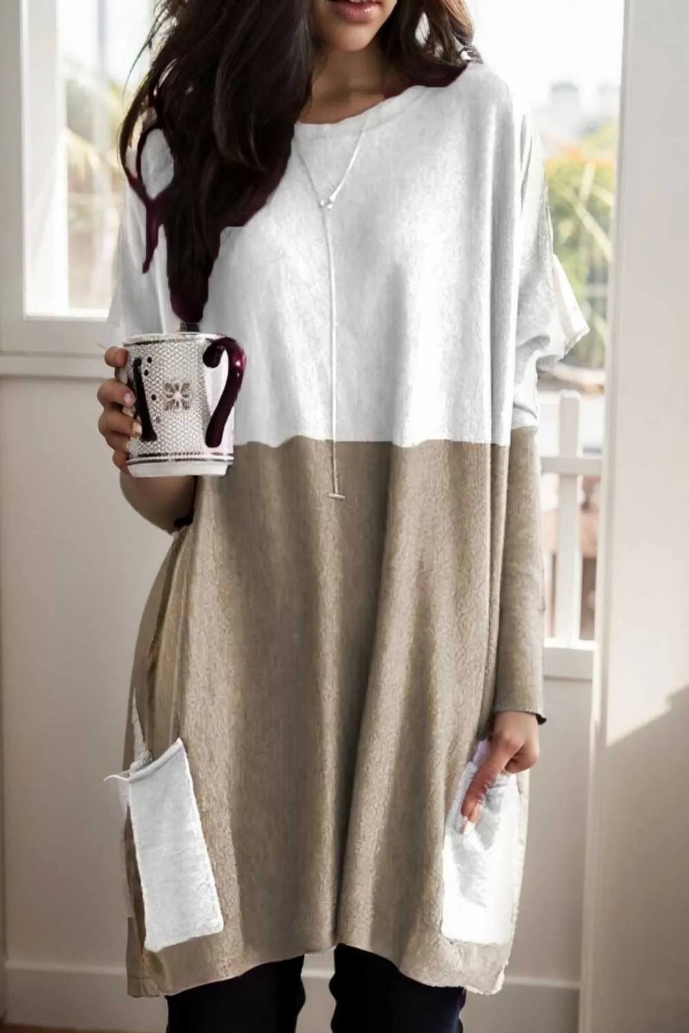 two color stitching pocket loose long sleeve t shirt