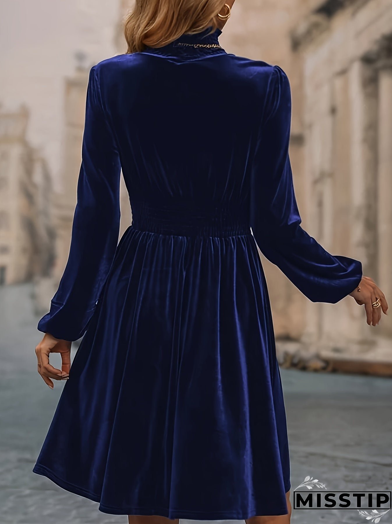 Solid Shirred Knee Length Dress, Elegant Long Sleeve Mock Neck Dress, Women's Clothing