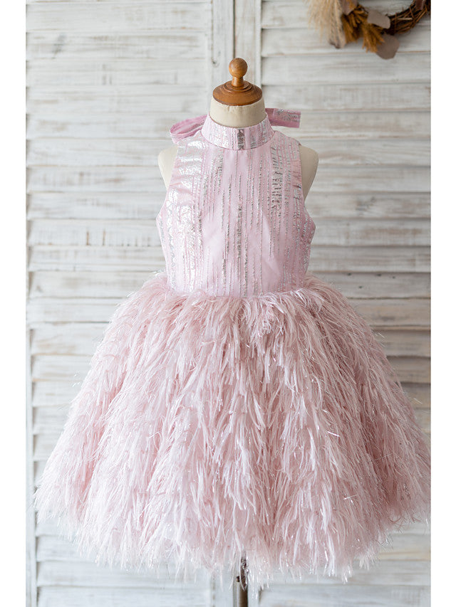 Oknass  Ball Gown Sleeveless High Neck Flower Girl Dresses Sequined  With Sash  Ribbon
