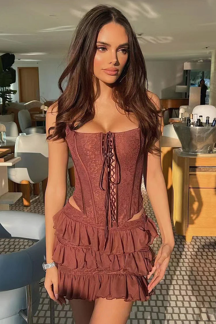 Lace Front Tie Up Cami Corset Layered Ruffled Mini Skirt Matching Set-Brown