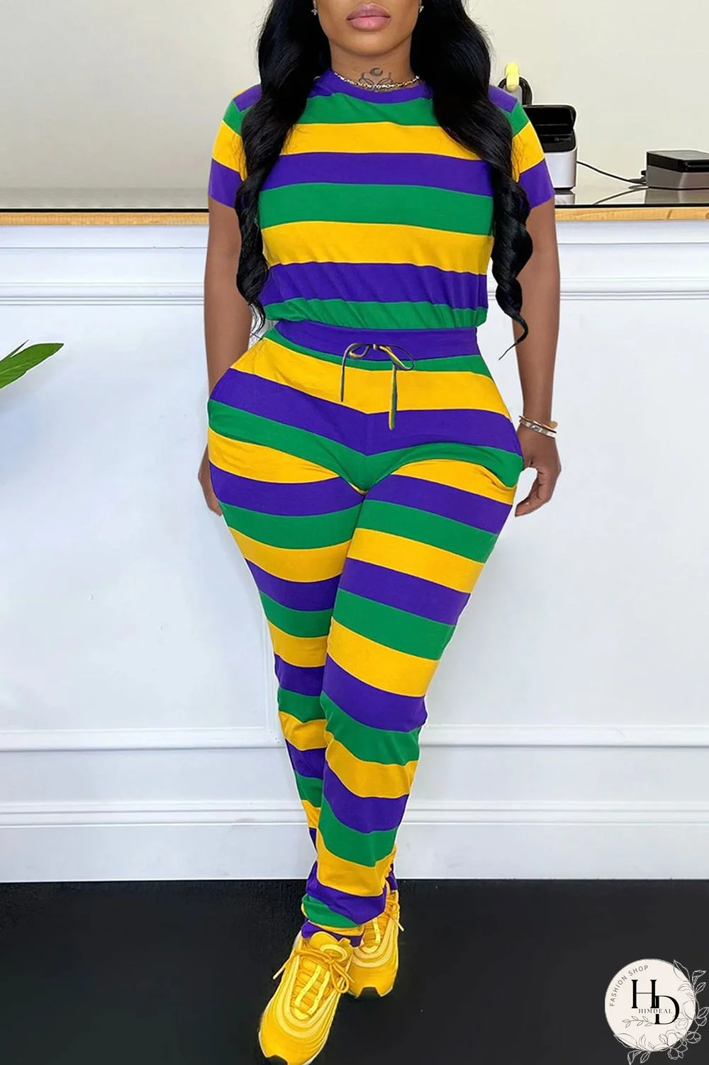Yellow Blue Casual Striped Print Patchwork O Neck Short Sleeve Two Pieces