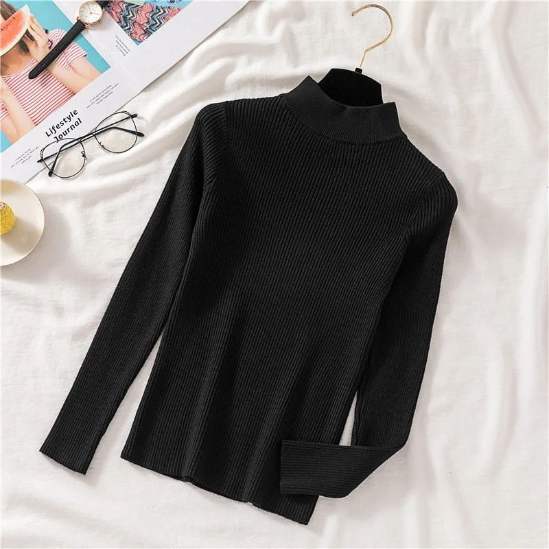 Zoki Autumn Women Pullover Sweater Half Turtleneck Long Sleeve Knitted Jumper Winter Elastic Solid Basic Ladies Blouse New 2021