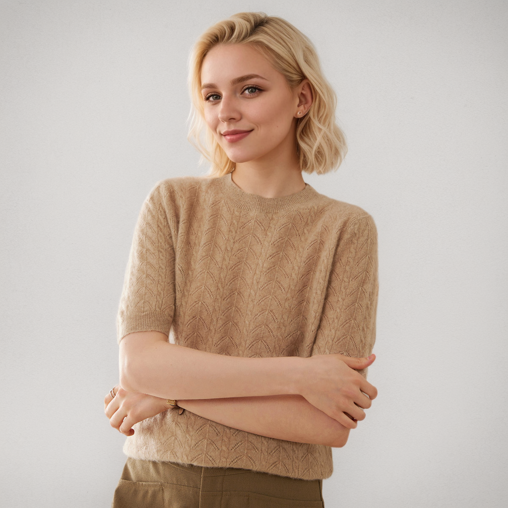 Pull en cachemire jacquard à manches courtes pour femme- SOIE PLUS