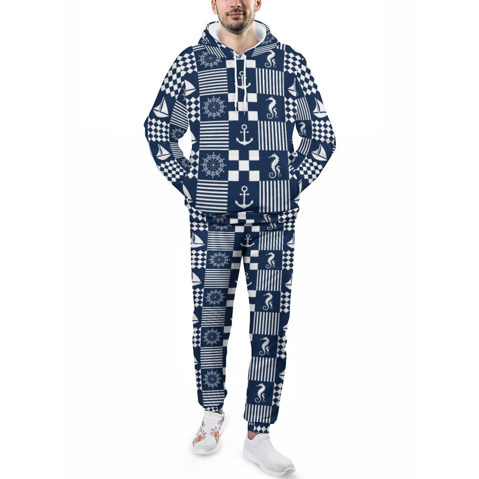 Navy Blue Nautical Patchwork Pattern Men's Sweatsuits Set Guys Casual Athletic Pullover And Sweatpants Suit Outfit