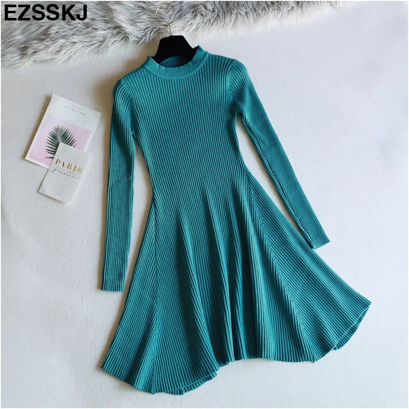 chic Autumn Winter black Sweater Dress Women o-neck Long Sleeve A Line thick Knit mini Dress female girl short bodycon dress