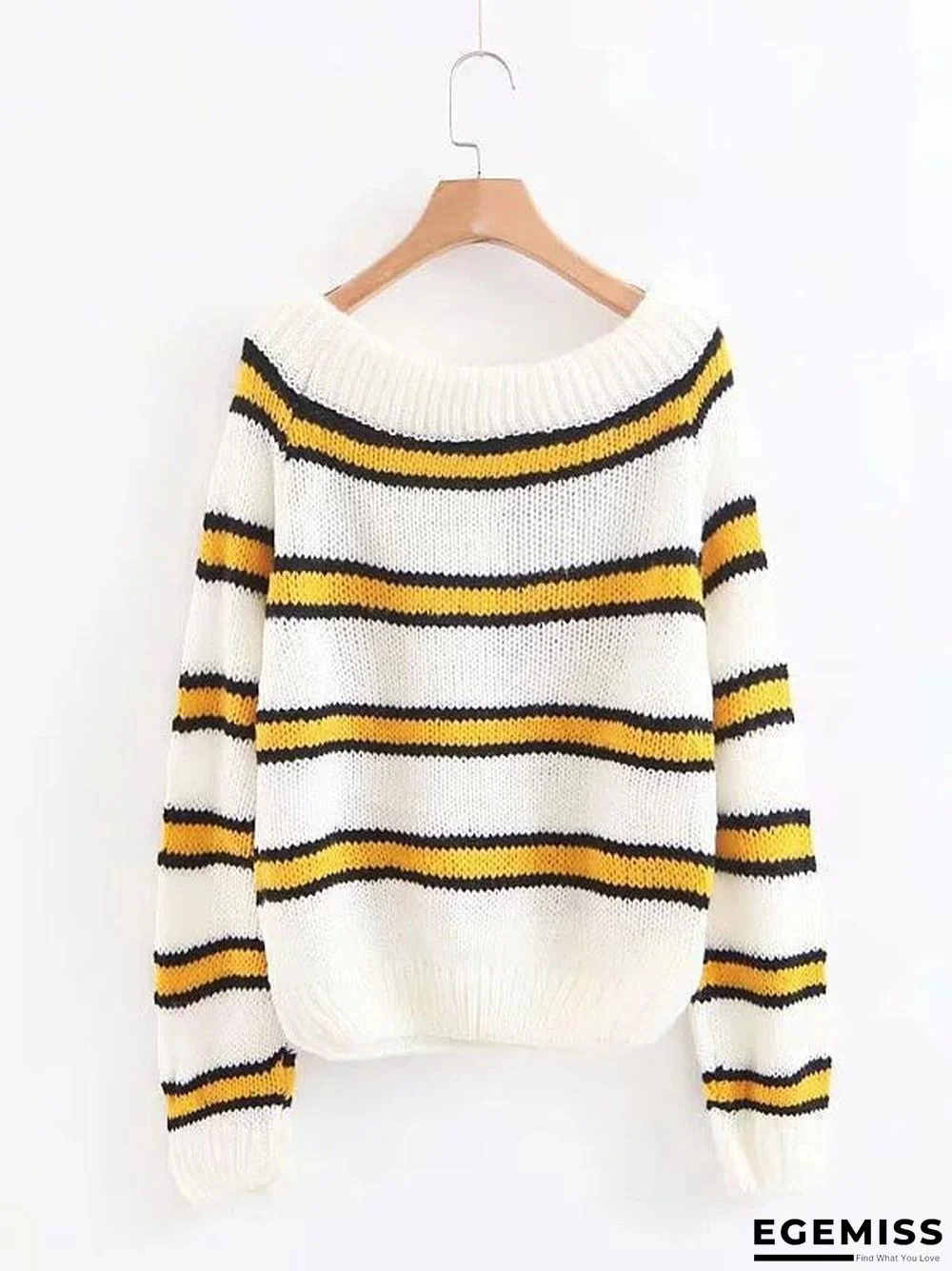 Knitting Striped Puff Sleeve Sweater Tops | EGEMISS