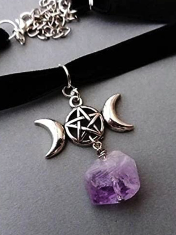 Velvet Choker Moon & Star Purple Crystal Pendant Choker