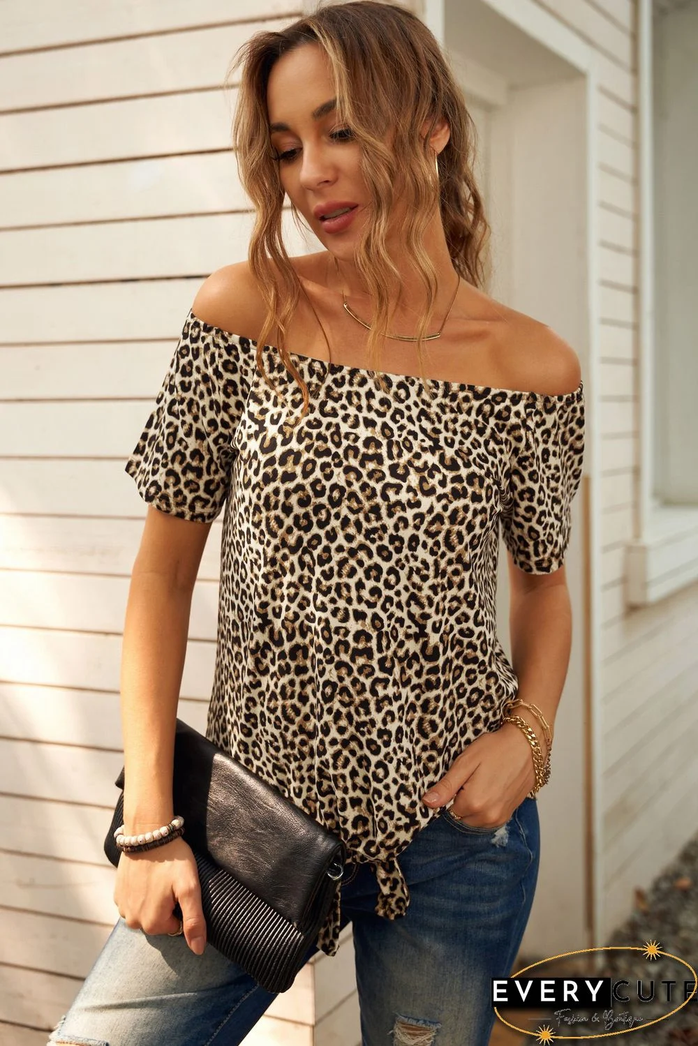 Off-the-shoulder Short Sleeves Leopard Top