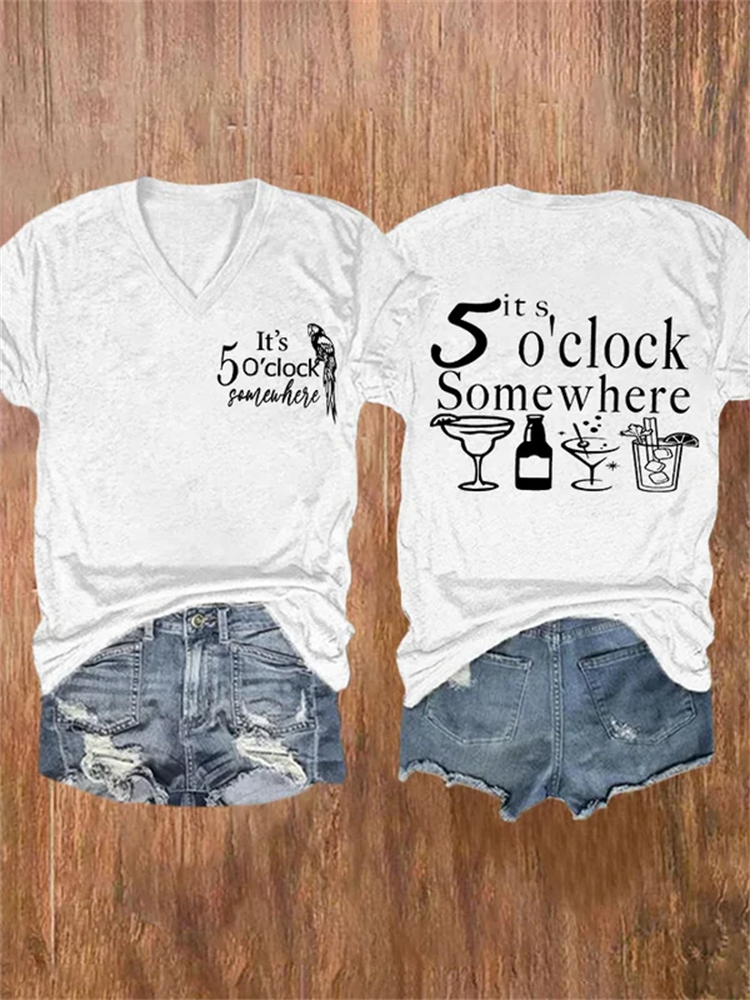 V-neck Retro It's 5 O'clock Somewhere Print T-Shirt