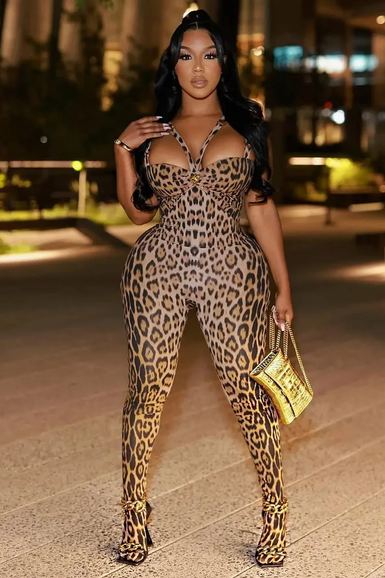 Straps Cutout Leopard Print Party BodyStocking Jumpsuit-Brown
