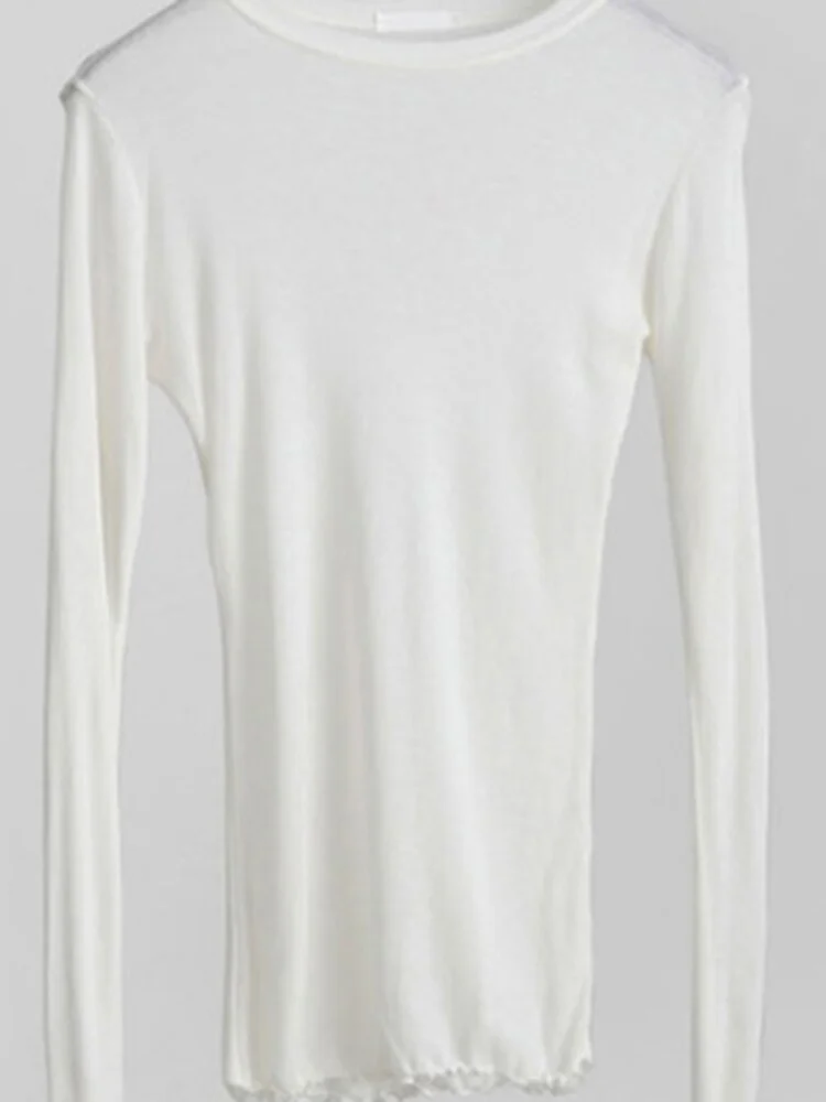 High Quality Plain T Shirt Women Cotton Elastic Basic T-shirts Female Casual Tops Long Sleeve  Thin T-shirt see through