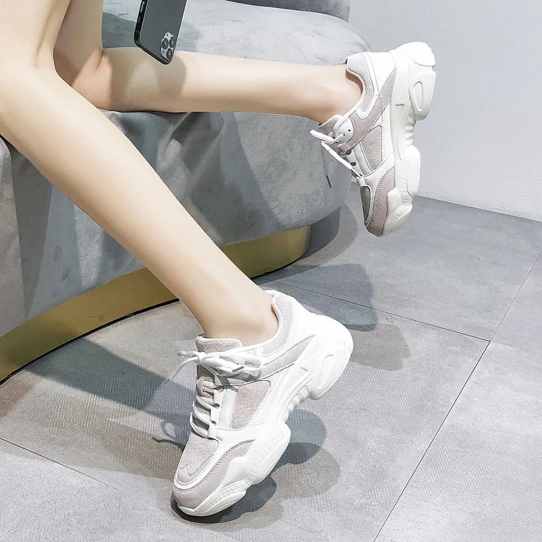 Platform Women Sneakers White 2021 Spring Sport Thick Sole Lady Leisure Shoes Lace Up Comfortable Female Chunky Sneakers Fashion
