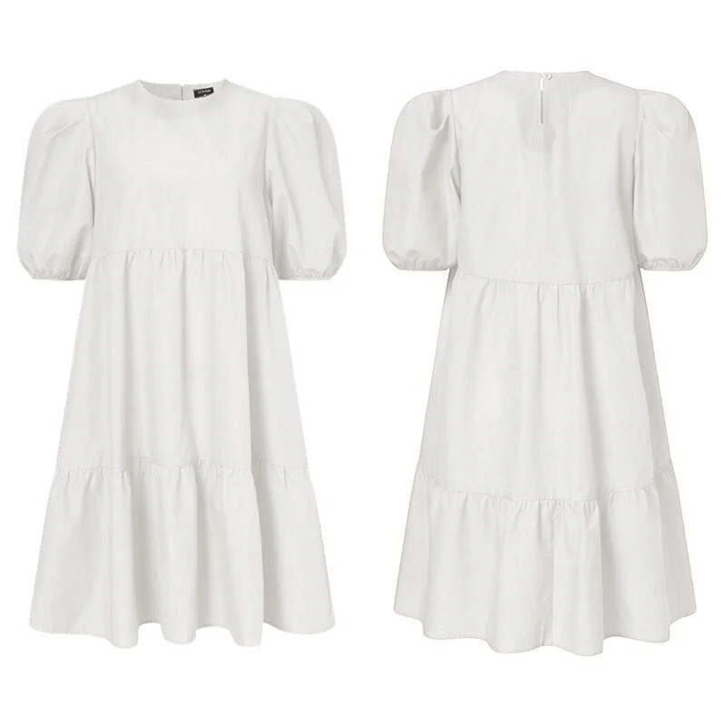Casual Shorts Sleeve Solid Mini Dress VONDA 2022 Women Summer Puff Sleeve Pleated Dresses Bohemian Vestidos Summer Robe S-