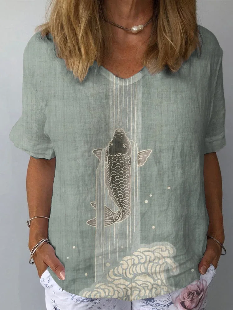Women's Vintage Japanese Koi Fish Print Casual V-Neck Cotton And Linen Top