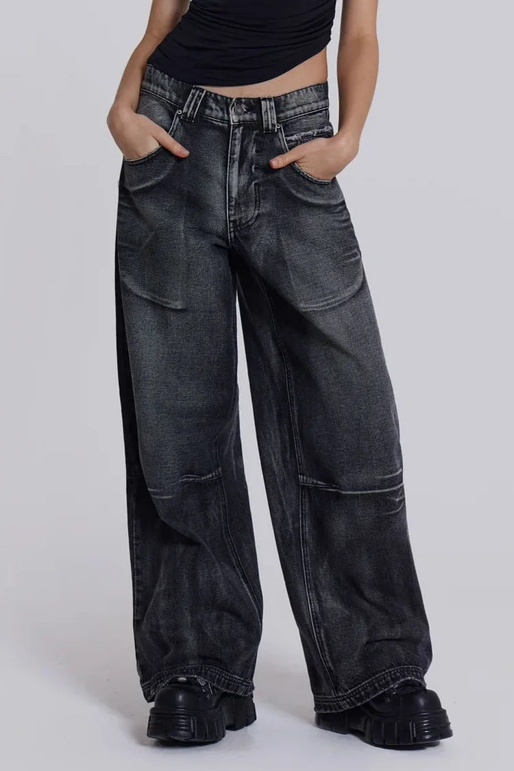 Y2K Angel Wing Print Washed Wide Leg Jeans