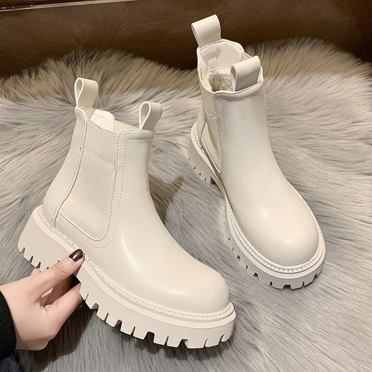 2021 New Chunky Boots Fashion Platform Women Ankle Female Sole Pouch Ankle Botas Mujer Round Toe Slip-On Botas Altas Mujer