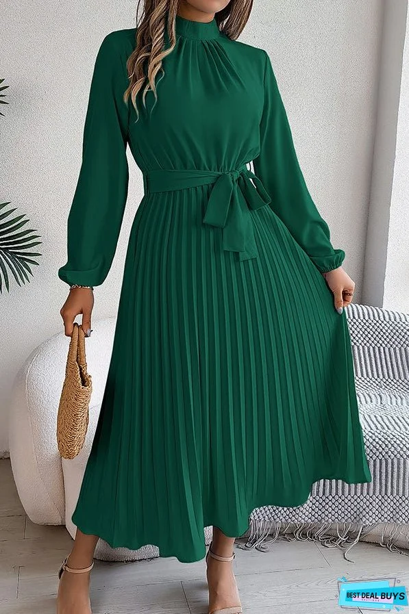 Elegant Stand-collar Long-sleeve Waisted Tie-up Pleated Midi Dress