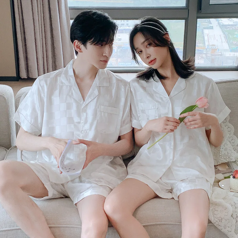 Stolskolb Short-sleeved Shorts Ice Silk Pajamas Men and Silk Satin Pajamas Set Long Sleeved Sleep Women Sleepwear Pijamas Couple Pajamas