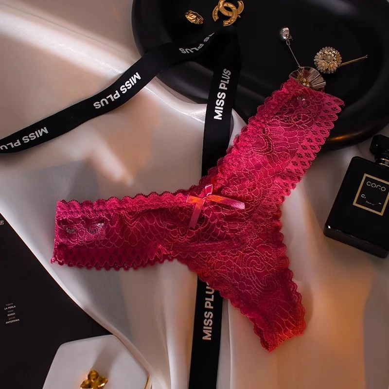 Uveng Uveng Sexy Lace Thong Female Hollow V Waist Pure Desire Bow Breathless Large Peach Butt Trousers