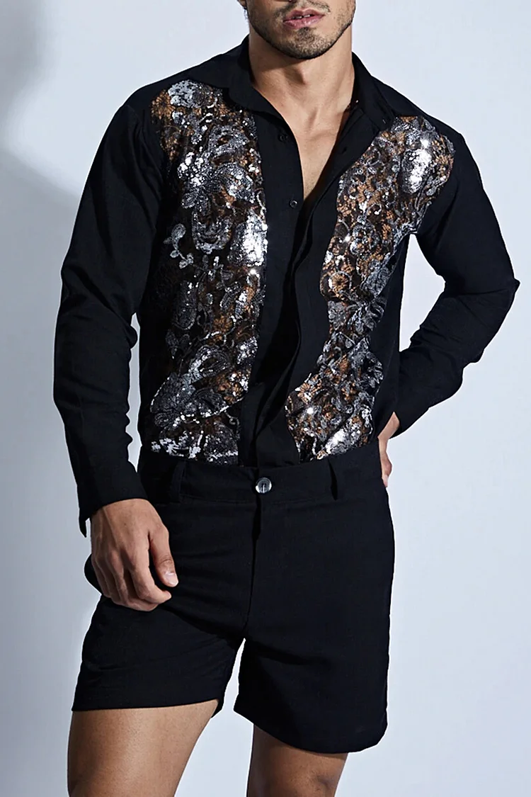 Sequin Embroidery Mesh Patchwork Long Sleeve Shirt [Pre-Order]