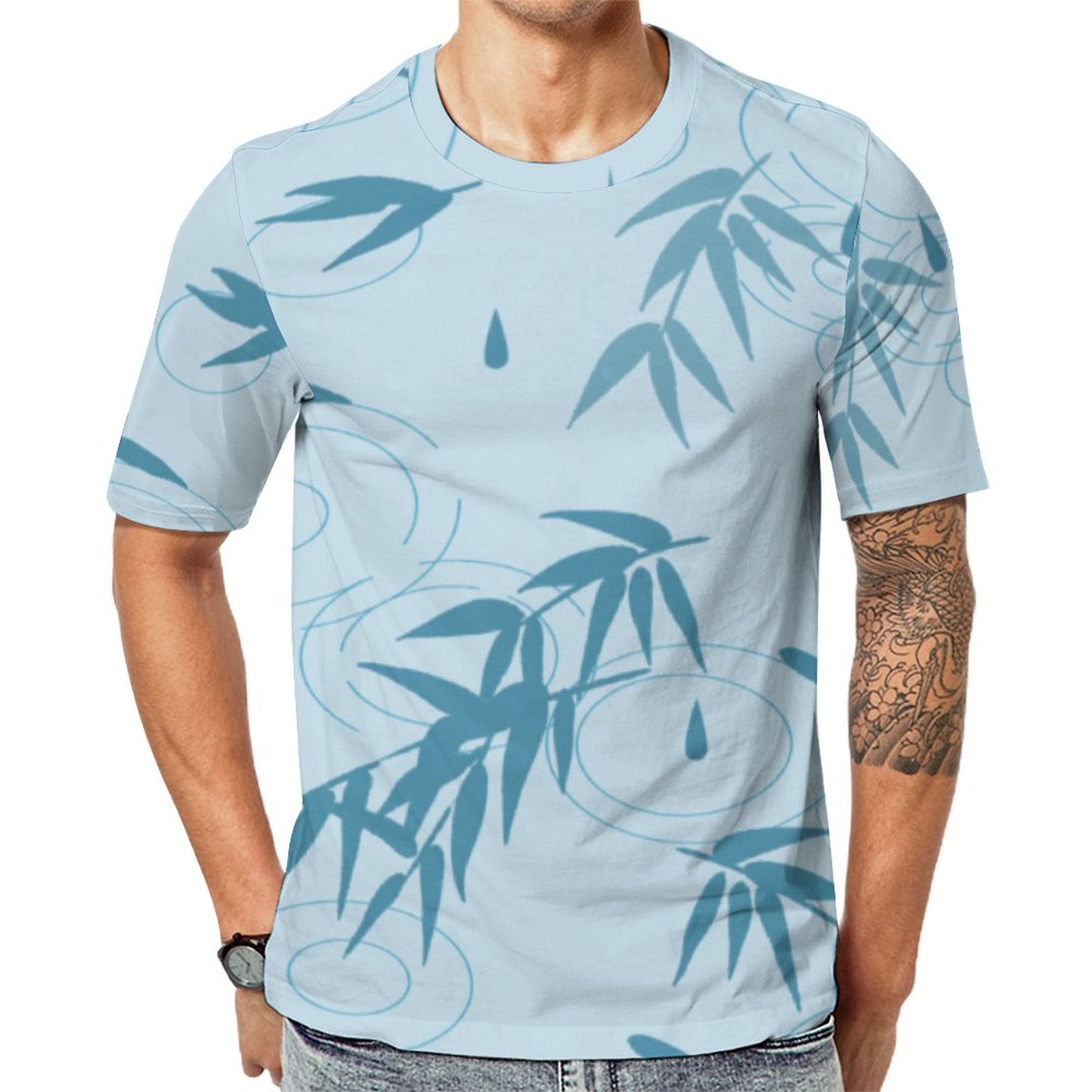 Water Drops From Bamboo Leaves Short Sleeve Print Unisex Tshirt Summer Casual Tees for Men and Women Coolcoshirts