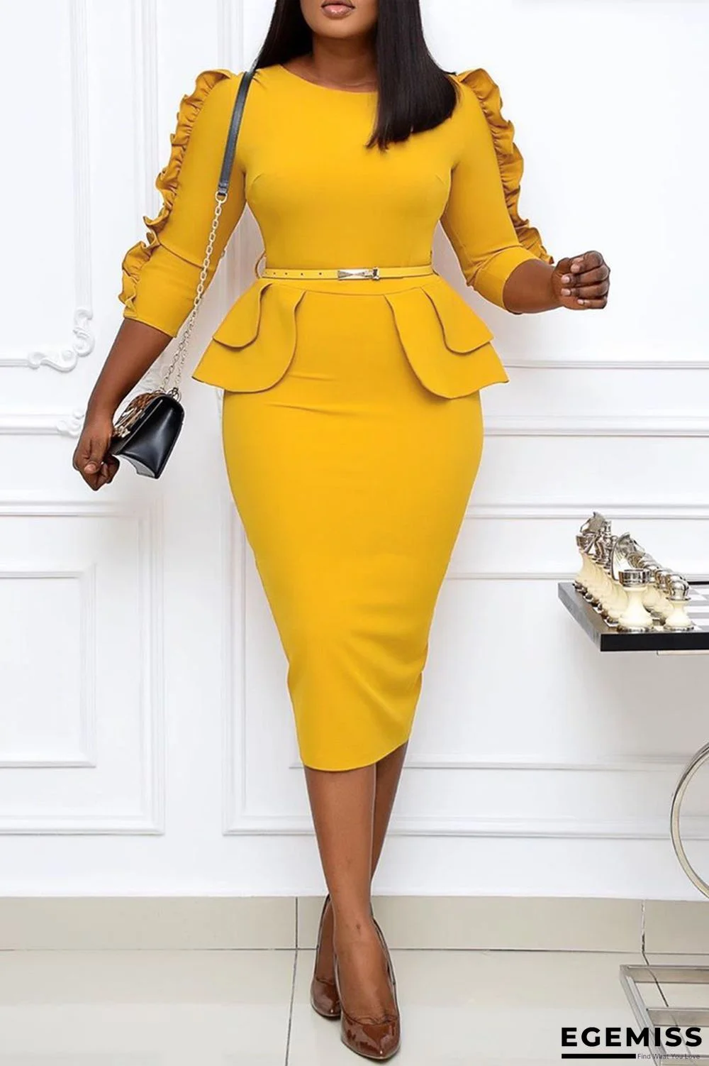 Yellow Fashion Casual Solid Patchwork With Belt O Neck Dresses | EGEMISS