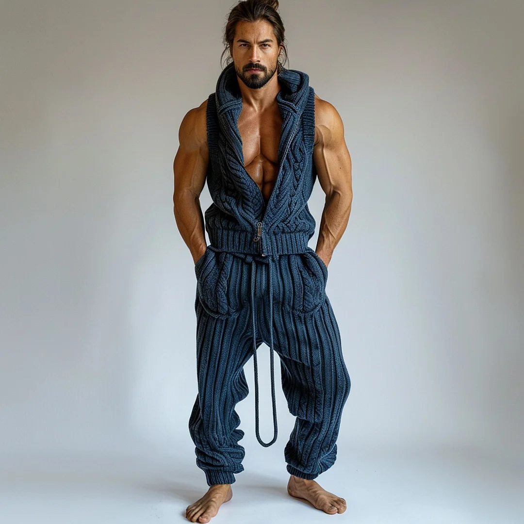 Retro Solid Color Casual Knitted Hooded Sleeveless Suit-inspireuse