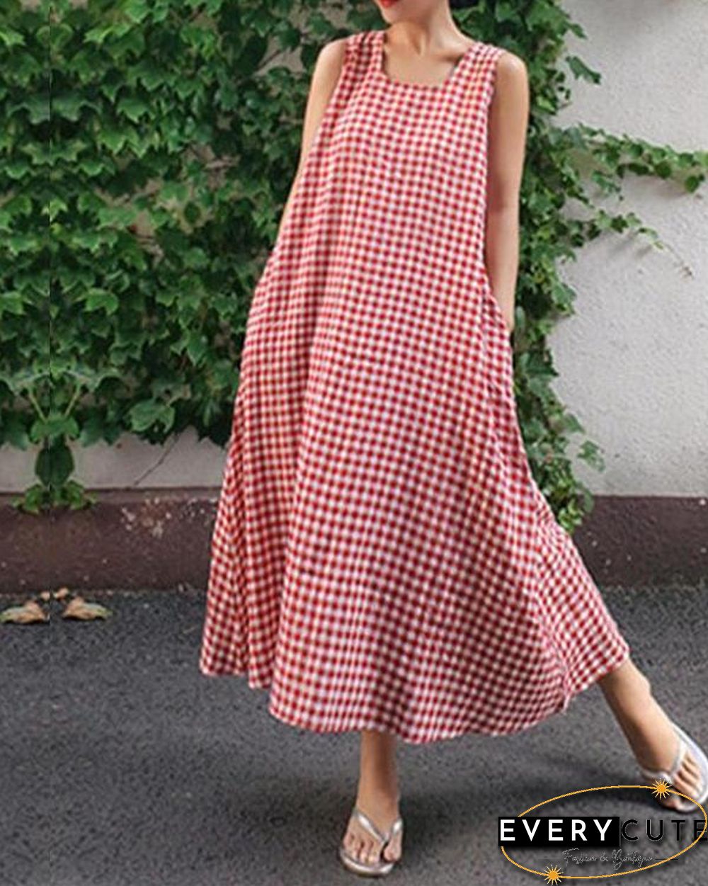 Women Casual Sleeveless Plaid Side Pocket Loose Maxi Dress