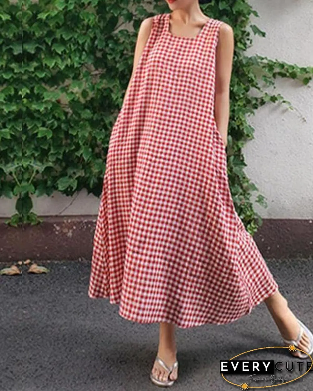 Women Casual Sleeveless Plaid Side Pocket Loose Maxi Dress