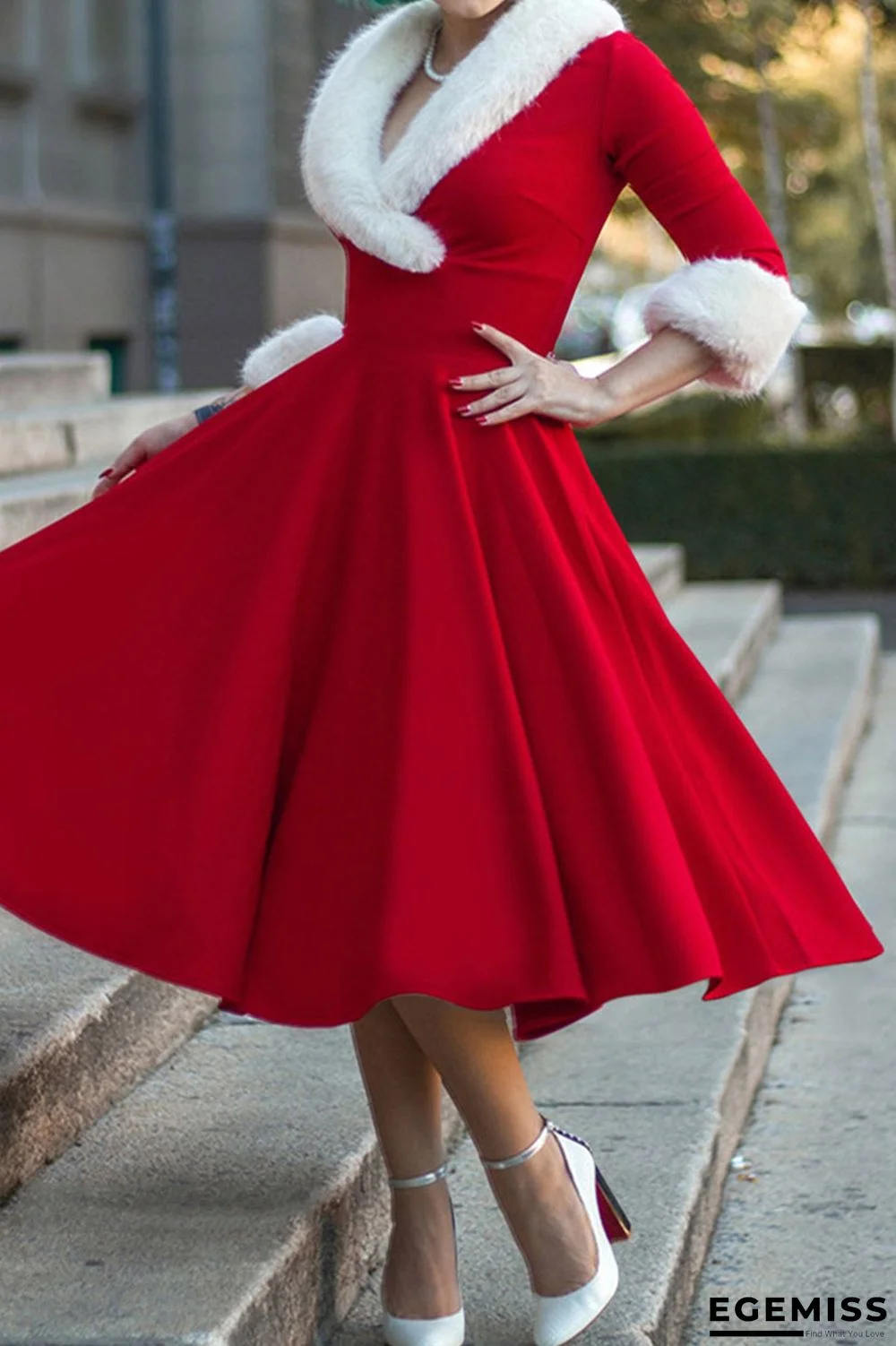 Red Elegant Solid Patchwork V Neck A Line Dresses | EGEMISS